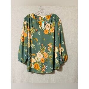 Monday fun Floral V-Neck Poet Sleeve Top - Green Sz 2Xl